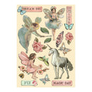 Vintage-style stickers with fairies, unicorns, and butterflies on a beige background.