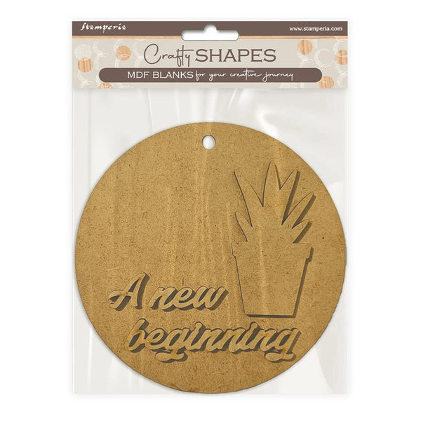 Round MDF blank with 'A new beginning' text and handprint design, branded 'Craft Shapes' by Stamperia.