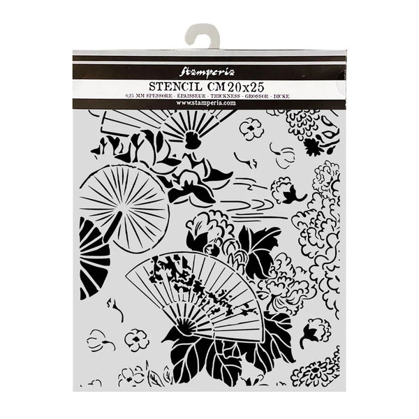 Stamperia stencil with floral and fan designs on a white background