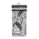 Stamperia media stencil with feather and text design on a white background