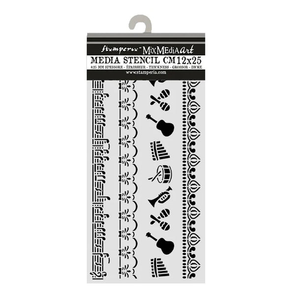 Stamperia Media Stencil with musical design on a white background