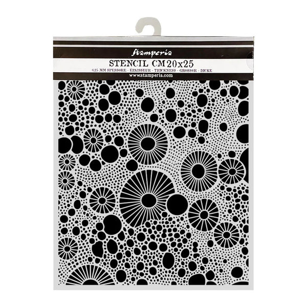 Stamperia stencil with black circular patterns on a white background