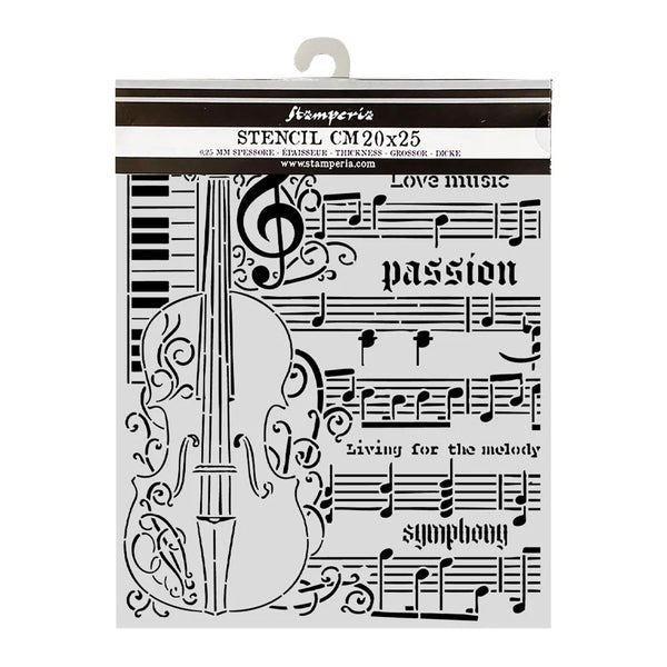 Music-themed stencil with musical notes and a violin on a white background