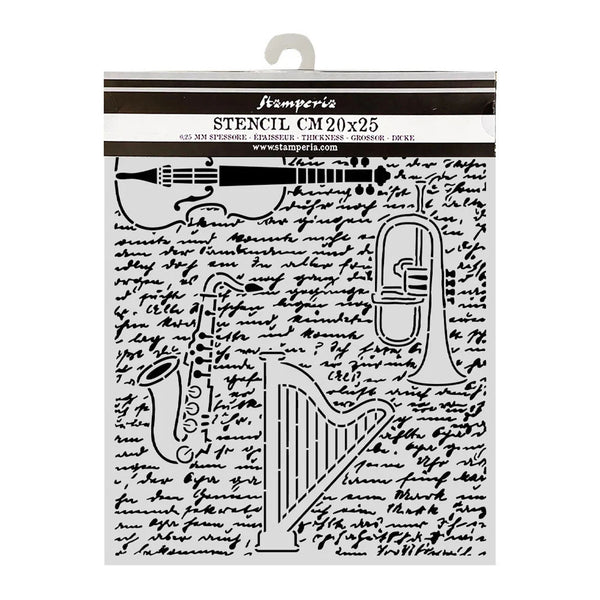 Framperia stencil with musical instruments and text on a white background