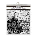 Castle stencil with text design on a white background