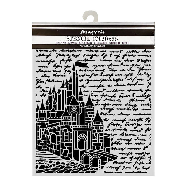Castle stencil with text design on a white background