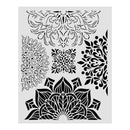Decorative stencil with various floral and geometric patterns on a white background