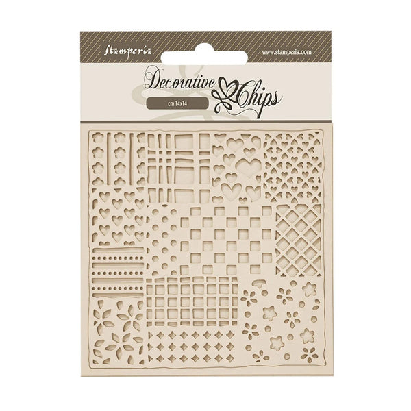 Decorative chipboard sheet with patterns on a white background