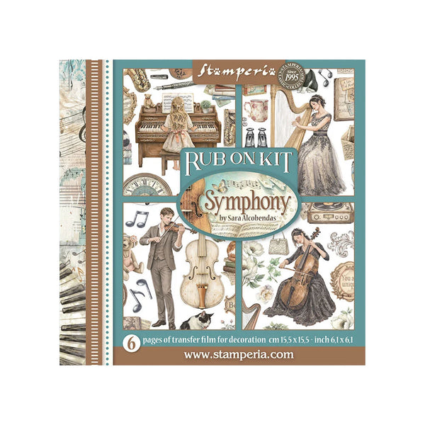 Stamperia Symphony rub on kit packaging with musical-themed illustrations.