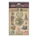 Packaging of Stamperia wooden shapes with steampunk design elements on a beige background.
