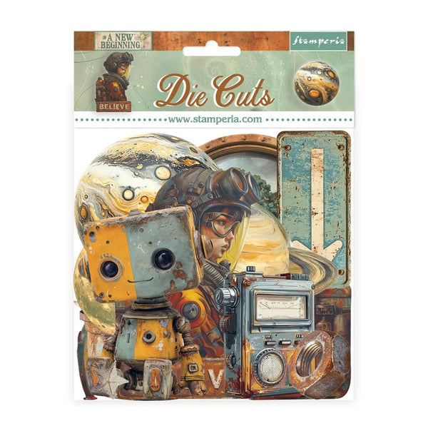 Stamperia die cuts packaging with robot and vintage elements