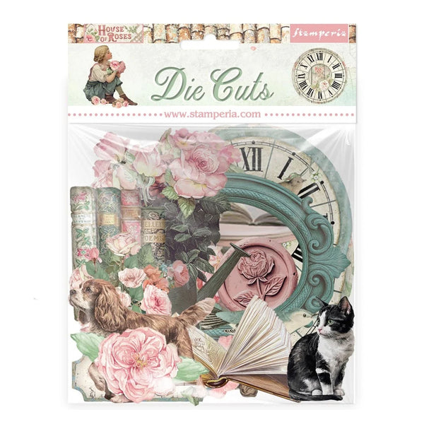 Packaging of Stamperia die cuts with vintage-themed design featuring a clock, flowers, and a cat.