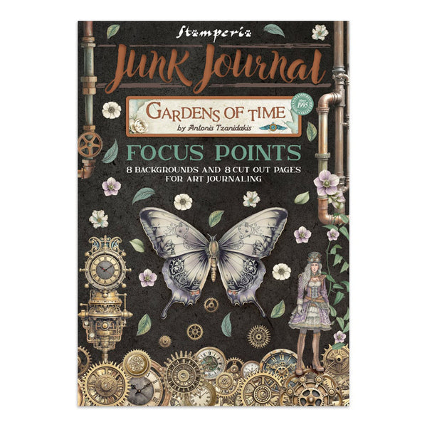 Stamperia Junk Journal with butterfly and mechanical design on a black background