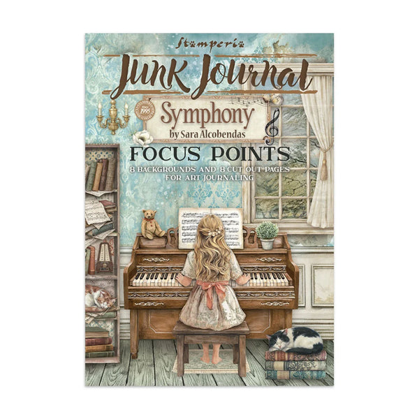 Book cover of 'Junk Journal Symphony' by Sara Alcohobendas with an illustration of a girl playing an organ.