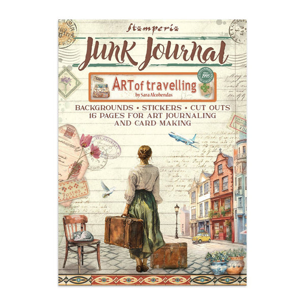 Stamperia Junk Journal with a woman holding a suitcase on a city street, featuring travel-themed design elements.
