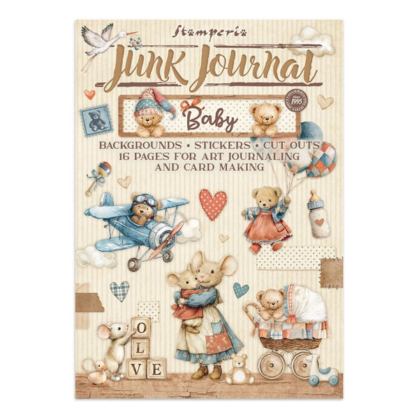 Stamperia Junk Journal Baby with teddy bears, mice, and baby elements on a wooden background.