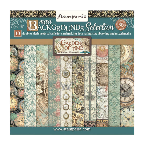 Stamperia Gardens of Time paper pack with decorative designs on a white background