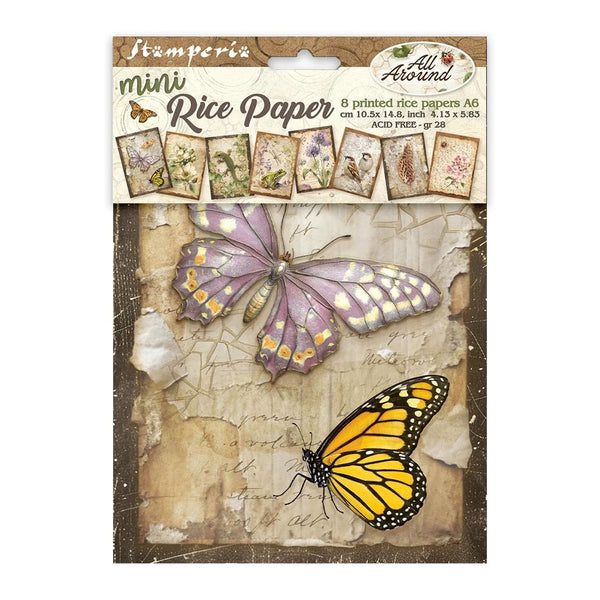 Packaging of Stamperia mini rice paper with butterflies on a textured background