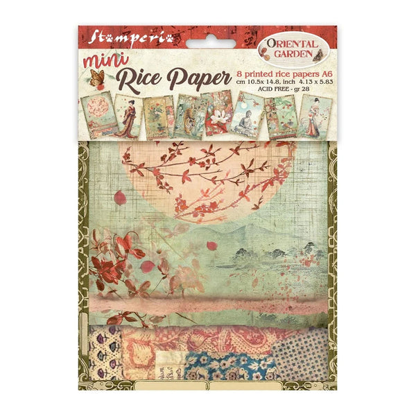 Packaged mini rice paper with various designs on a white background