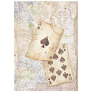 Vintage-style playing cards with ace and ten of spades on a floral background
