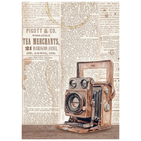 Vintage camera on a background of old newspaper text
