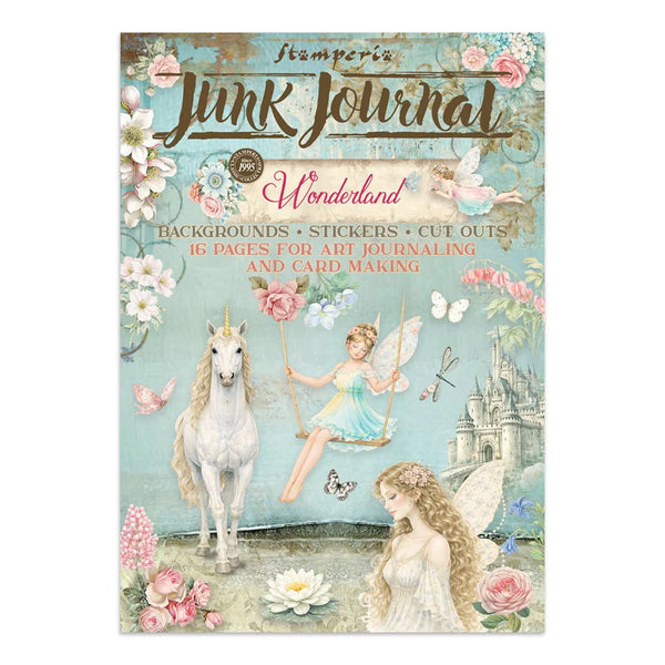 Junk Journal Wonderland book with fairies, unicorn, and castle design on a white background