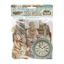 Packaged die cuts with a clock and musical-themed design on a white background