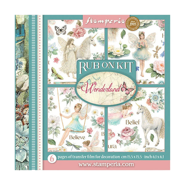 Stamperia Wonderland rub on kit packaging with fairy, unicorn, and floral designs.