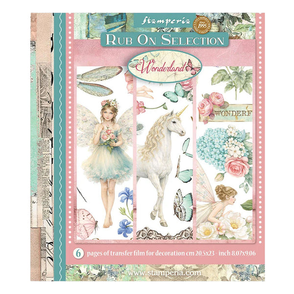 Rub On Selection with fairy, unicorn, and floral designs on a colorful background