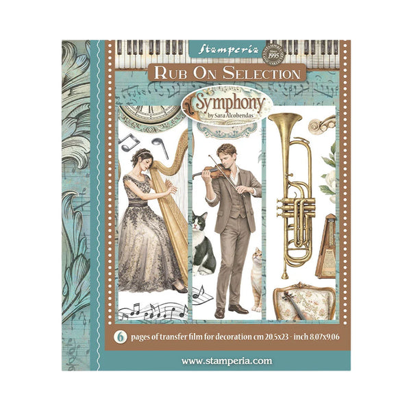 Stamperia Symphony rub-on transfer selection packaging with musical-themed design.