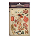 Packaging of Stamperia wooden shapes with Japanese-themed illustrations on a beige background.