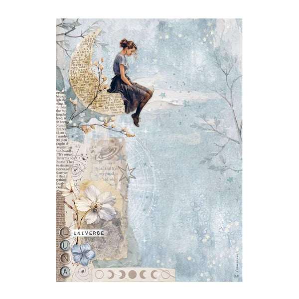 Artistic depiction of a woman sitting on a crescent moon with celestial elements and text.