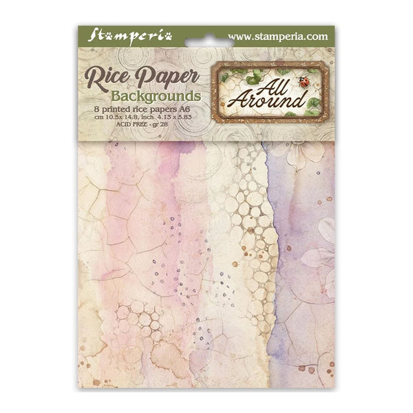 Packaging of Stamperia rice paper backgrounds with decorative designs on a white background.