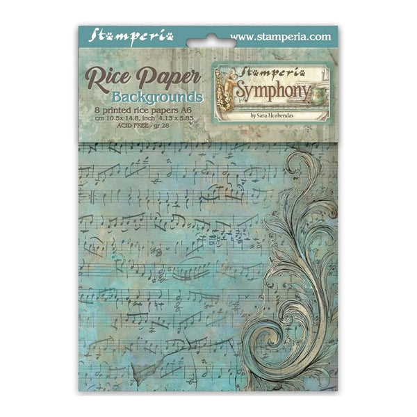 Packaging of Stamperia Rice Paper with musical sheet design and decorative elements.