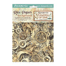 Packaging of Stamperia Gardens of Time rice paper with mechanical gear design on a white background.