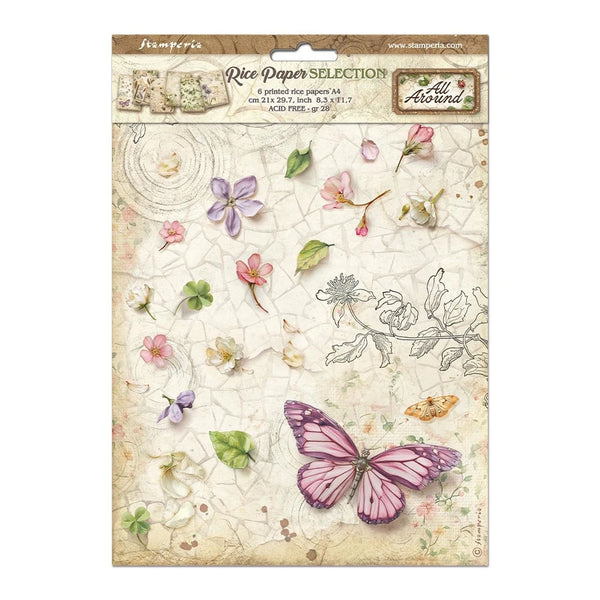 Rice paper selection with floral and butterfly design on a white background