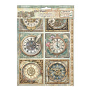 Sheet of decorative paper with clock designs on a white background