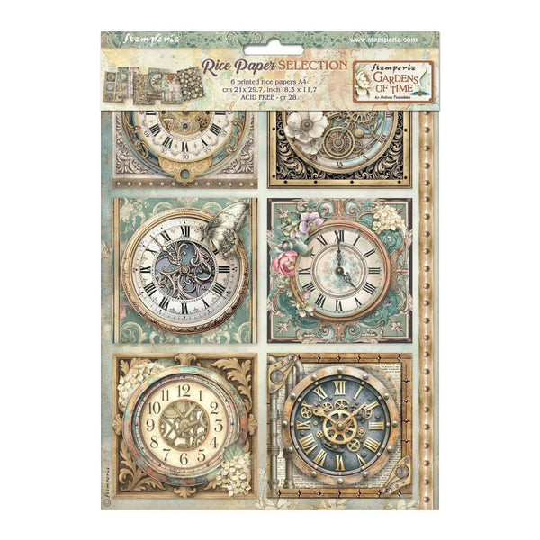 Sheet of decorative paper with clock designs on a white background