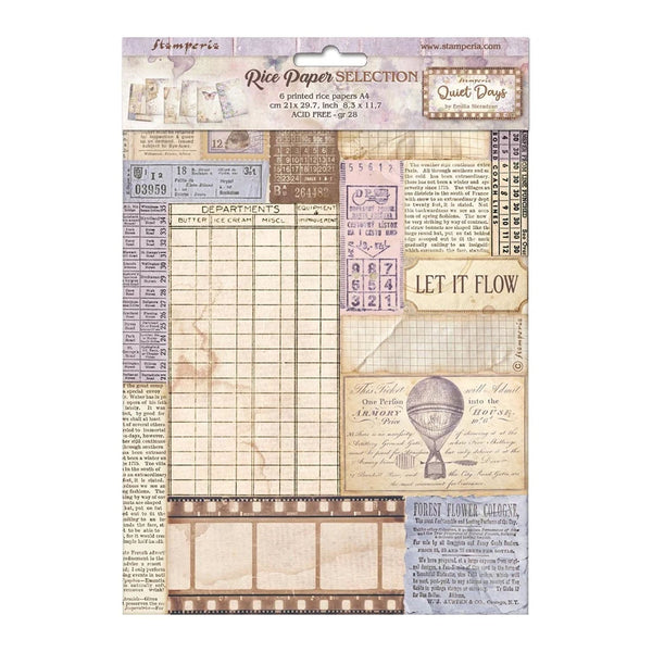 Collection of vintage-style printed papers with text and graphics on a white background