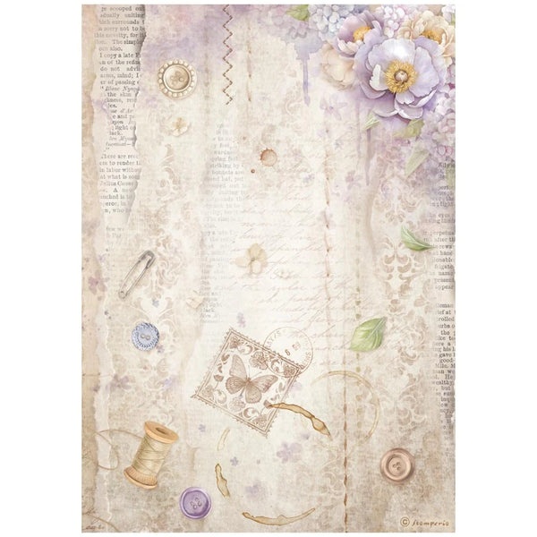 Decorative paper with vintage elements like buttons, flowers, and text on a textured background.