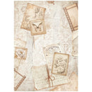 Vintage-style paper with butterflies, letters, and stamps on a textured background