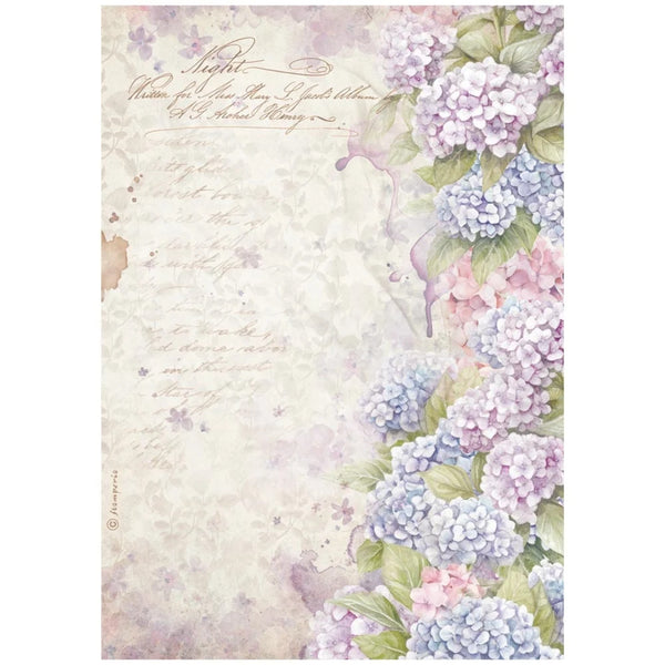 Floral design with hydrangeas on a textured paper background