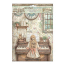 Packaging of Stamperia rice paper selection with a vintage-style illustration of a girl playing an organ.