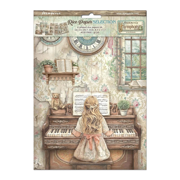 Packaging of Stamperia rice paper selection with a vintage-style illustration of a girl playing an organ.