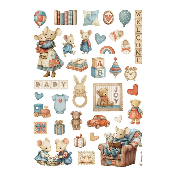 Collection of baby-themed illustrations including animals, toys, and decorative elements on a white background.