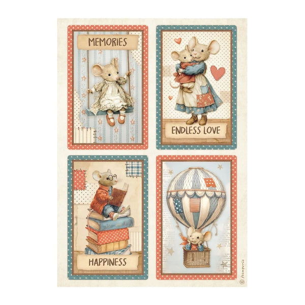 Four illustrated cards featuring mice with text and decorative elements on a white background.