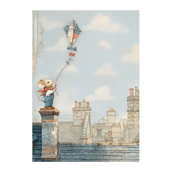 Illustration of a mouse on a rooftop with a kite, set against a cityscape with buildings and clouds.