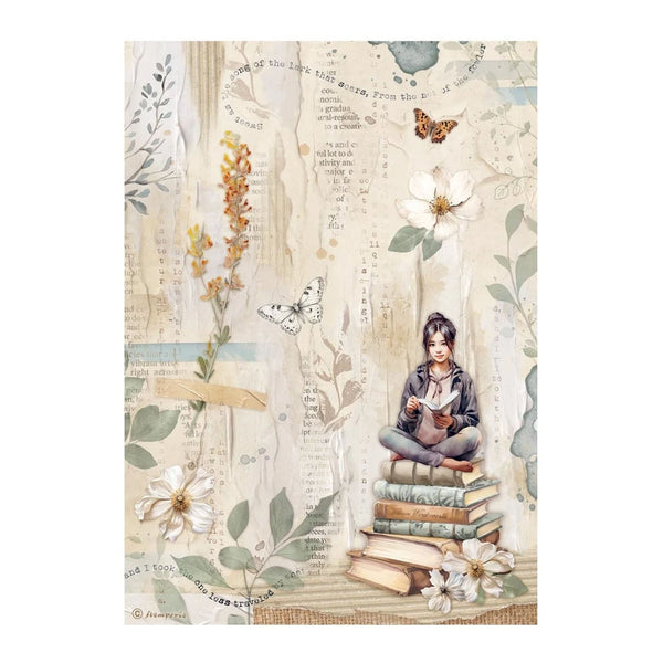 Illustration of a person sitting on books surrounded by flowers and butterflies with text overlay.