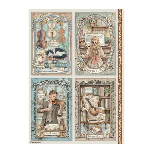 Set of four decorative panels with musical-themed illustrations on a white background.