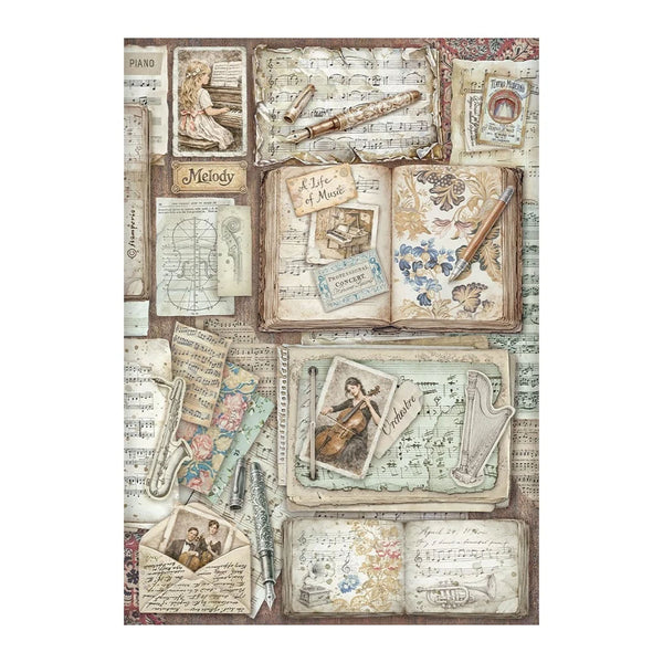 Decorative paper with musical-themed designs, including sheet music and instruments, on a white background.